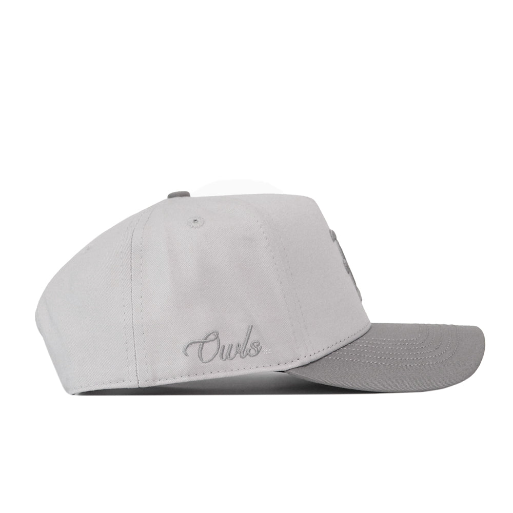 Rice Graphite Hat in light gray with a darker gray brim, featuring the word Owls embroidered in script on the side and a snapback closure.