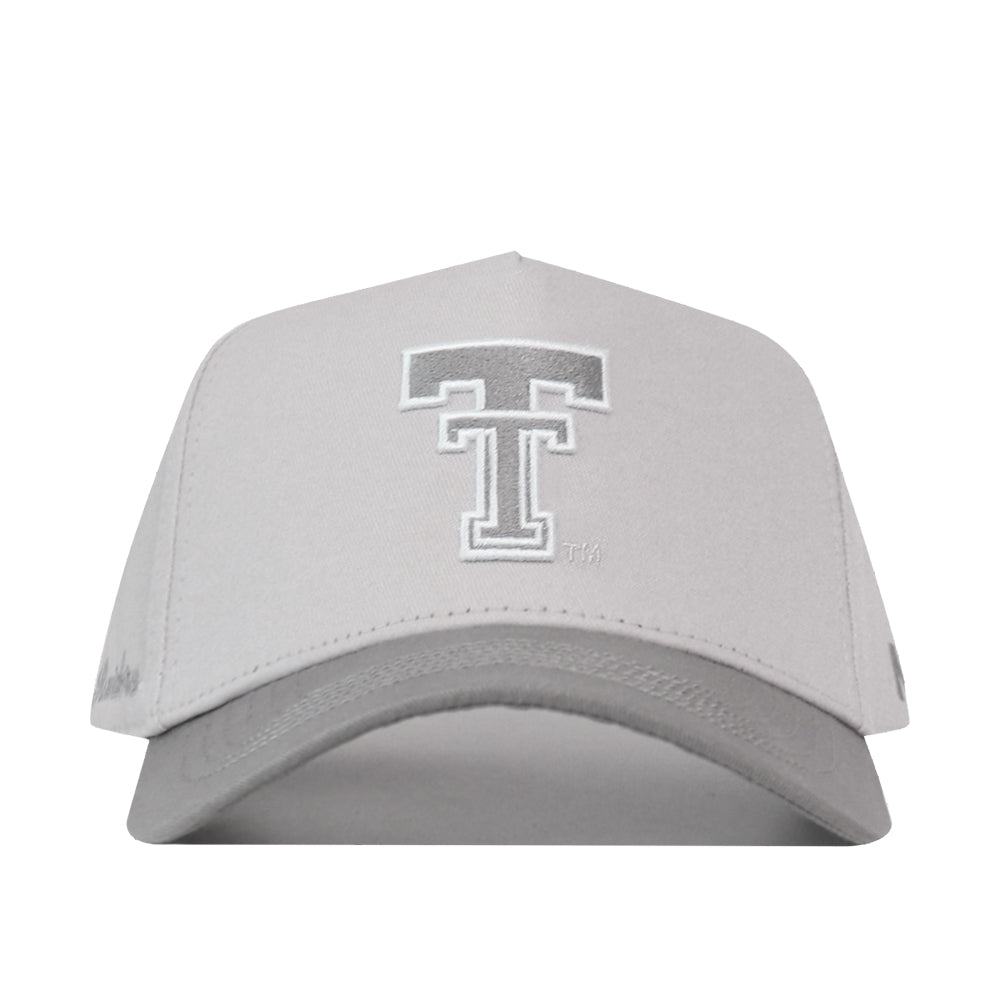 Texas Tech Graphite Hat, a light gray premium structured baseball cap with a dark gray brim and the Texas Tech double T logo embroidered on the front.