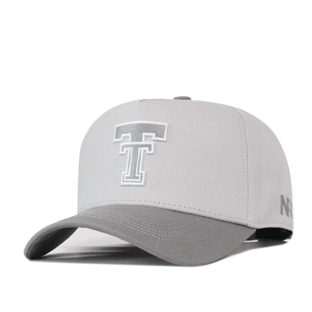 Texas Tech Graphite Hat: a premium structured light gray baseball cap with a dark gray brim and the white Texas Tech double T logo embroidered on the front.