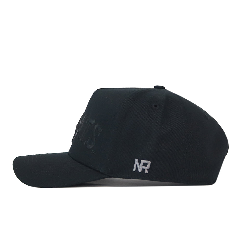 Side profile of a black Texas State Night Mode Hat featuring a tonal embroidered logo on the front and a small NR logo on the side.