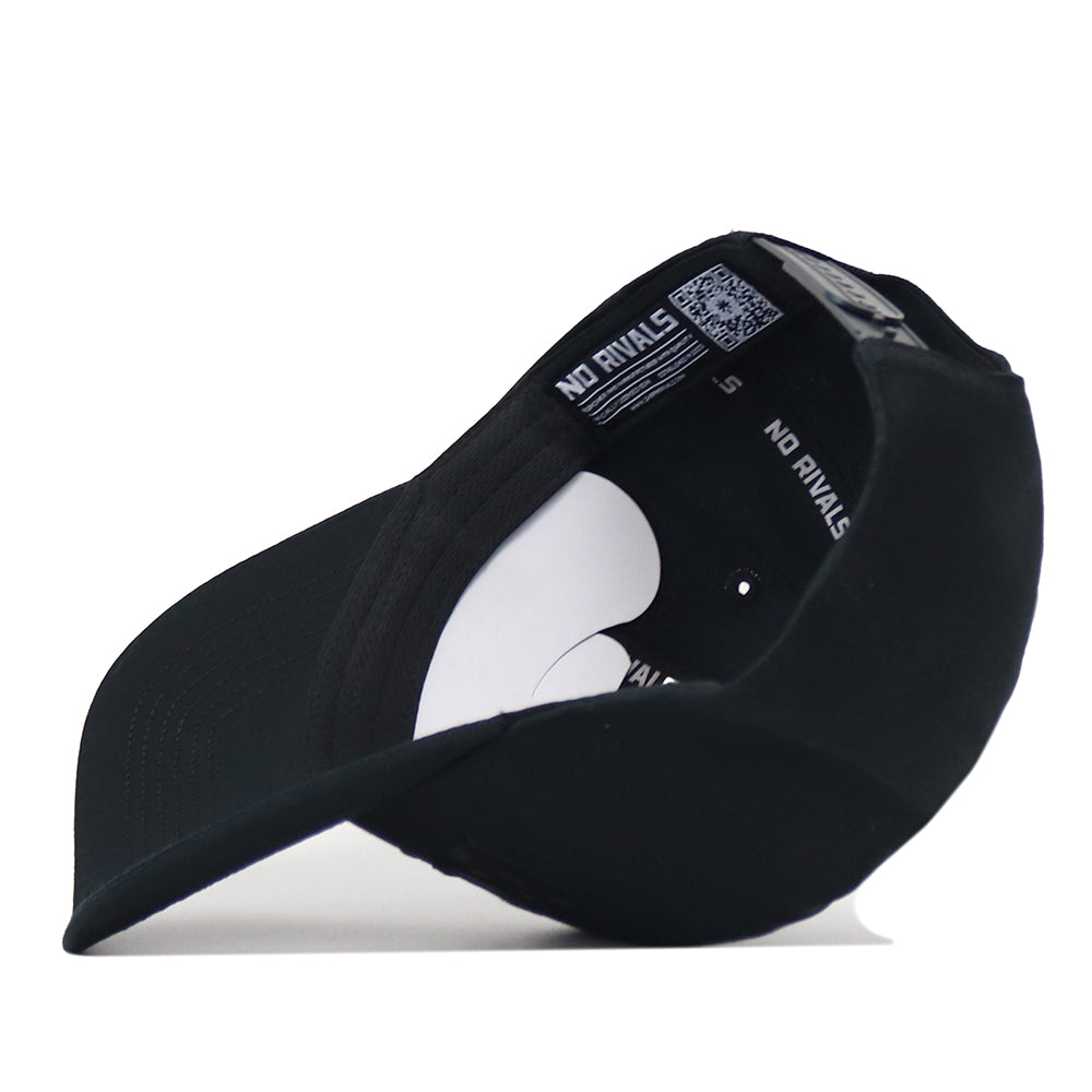 Low-angle view of a black Texas State Night Mode Hat, highlighting the interior crown lining and adjustable snapback closure.