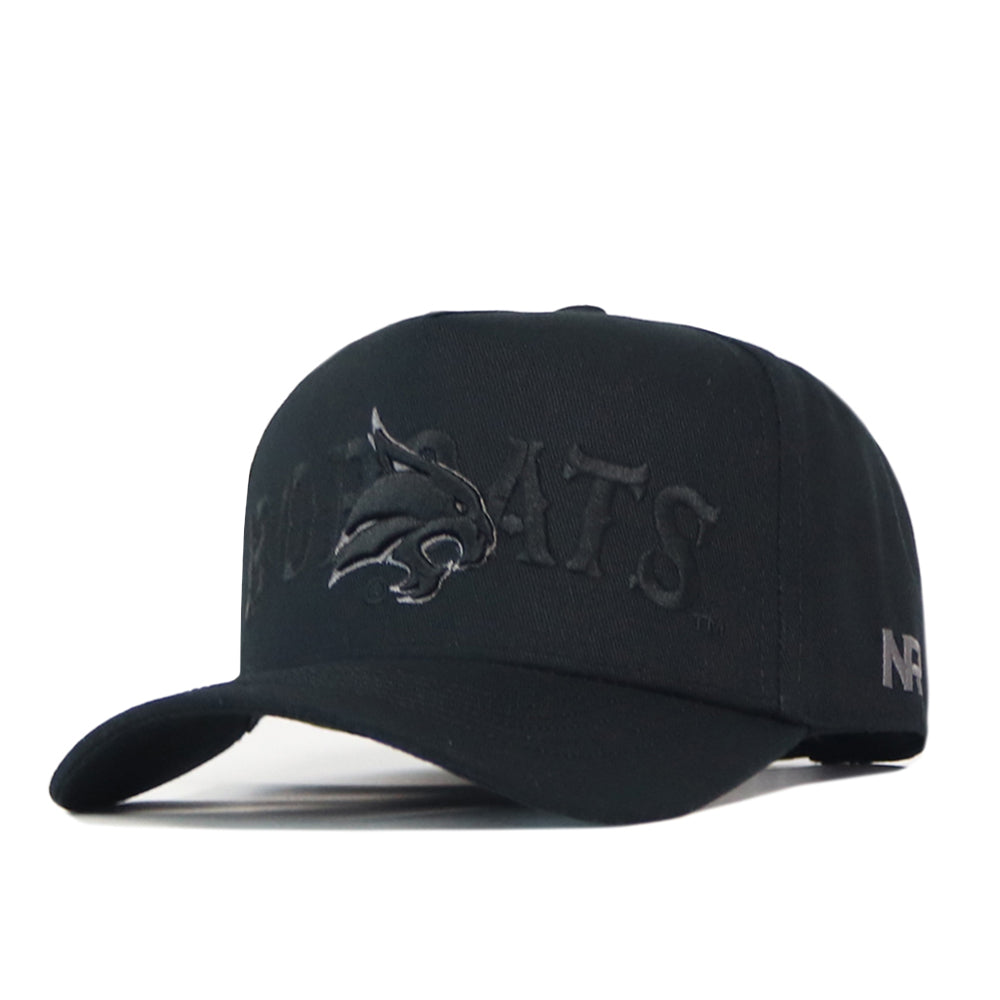 Texas State Night Mode Hat blackout snapback cap featuring a dark embroidered bobcat logo and the word BOBCATS in tonal lettering.