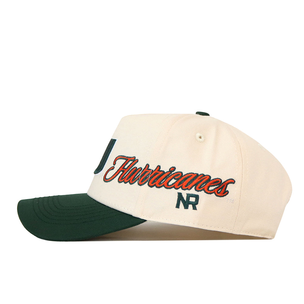 Off-white Miami Halftime Hat with a dark green brim, featuring embroidered Hurricanes script and No Rivals logos on the side.