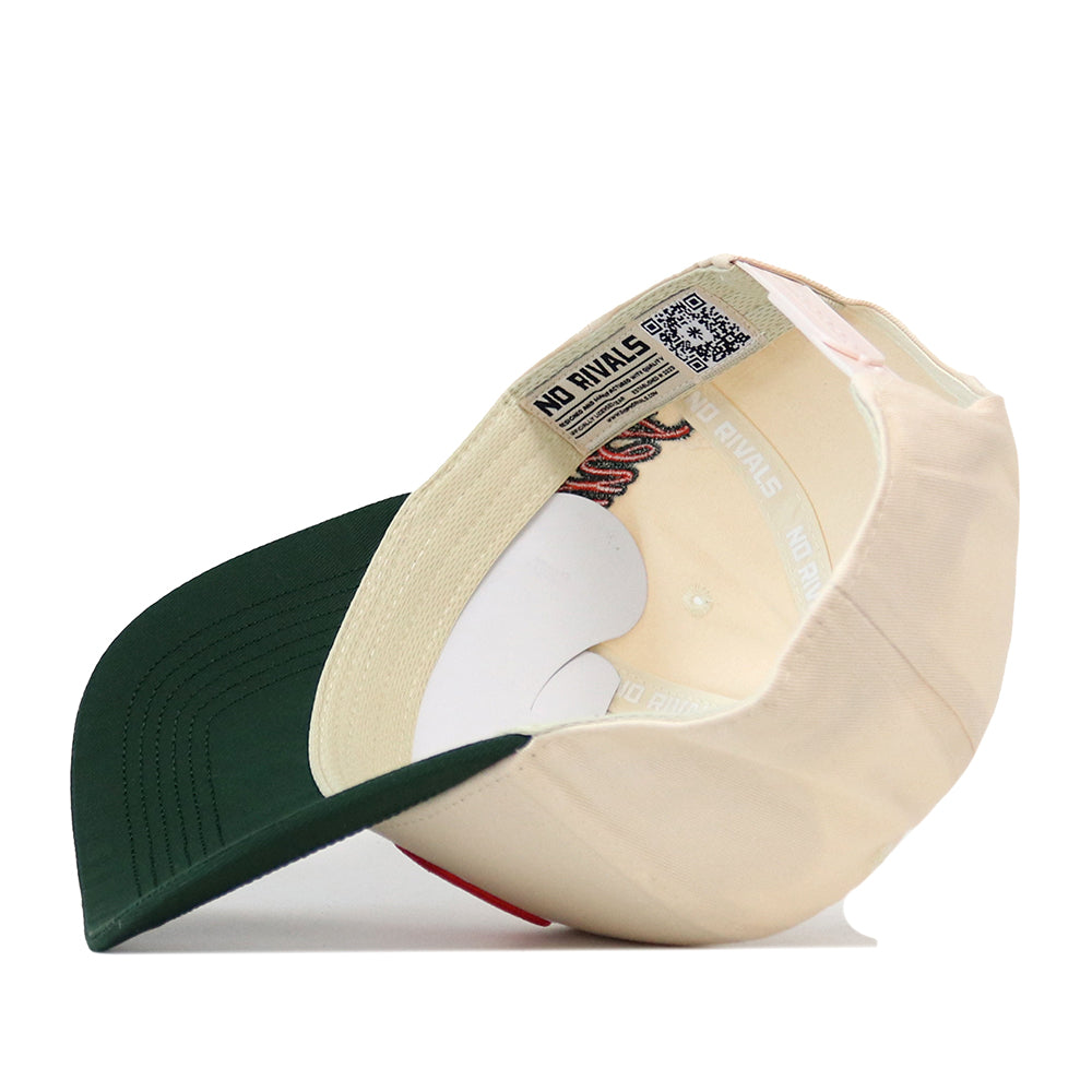 Side view of the cream-colored No Rivals Miami Halftime Hat featuring a dark green brim, interior label, embroidered logos, and a QR code.