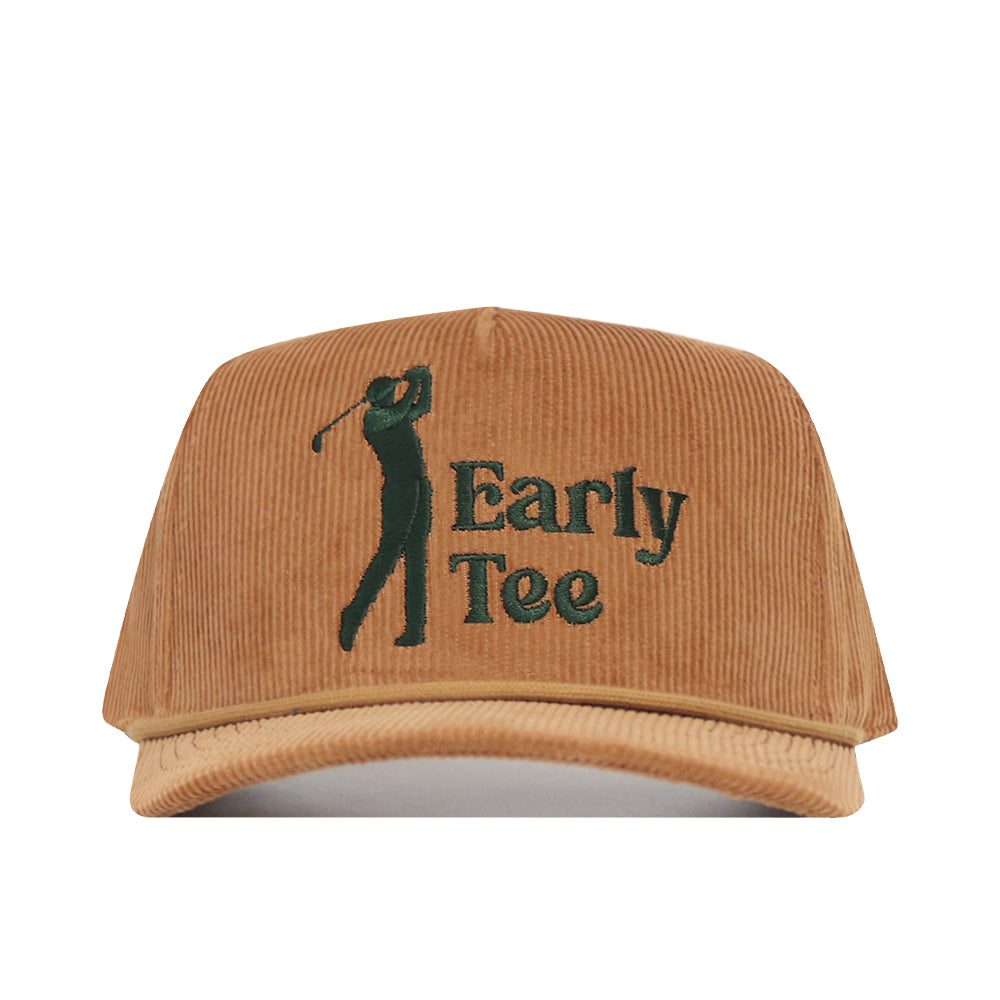 The No Rivals Early Tee Cord Hat - Tan is a brown cotton corduroy snapback cap with a green embroidered golfer silhouette and "Early Tee" on the front.