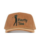 The No Rivals Early Tee Cord Hat - Tan is a brown cotton corduroy snapback cap with a green embroidered golfer silhouette and "Early Tee" on the front.