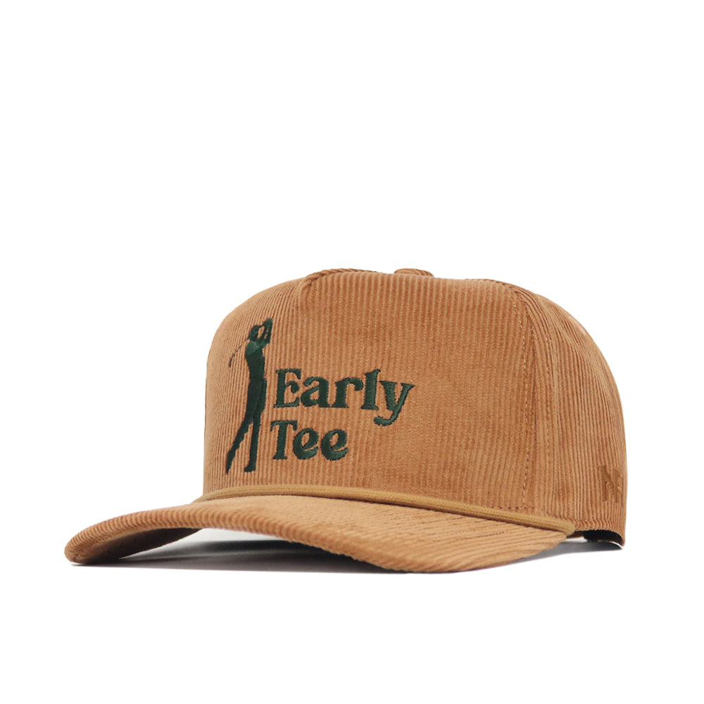 The No Rivals Early Tee Cord Hat - Tan is a brown cotton corduroy snapback featuring embroidered “Early Tee” text and a green golfer silhouette on the front.