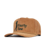 The No Rivals Early Tee Cord Hat - Tan is a brown cotton corduroy snapback featuring embroidered “Early Tee” text and a green golfer silhouette on the front.