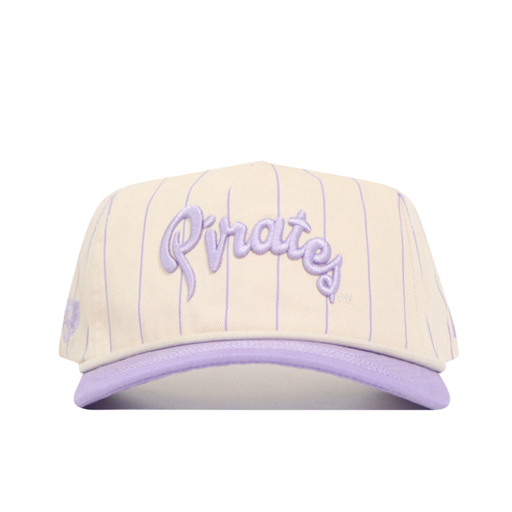 The No Rivals ECU Powder Purple Pinstripe Hat is a cream cotton snapback with thin lavender pinstripes, "Pirates" embroidered in lavender script, and a matching lavender brim and inner edge for a stylish look.
