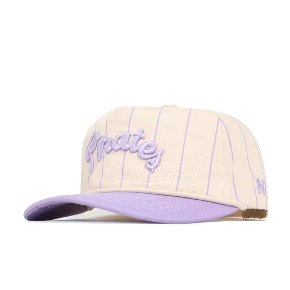 The No Rivals ECU Powder Purple Pinstripe Hat features a cream base, thin lavender pinstripes, curved lavender brim, and "Pirates" embroidered in lavender script on the front.