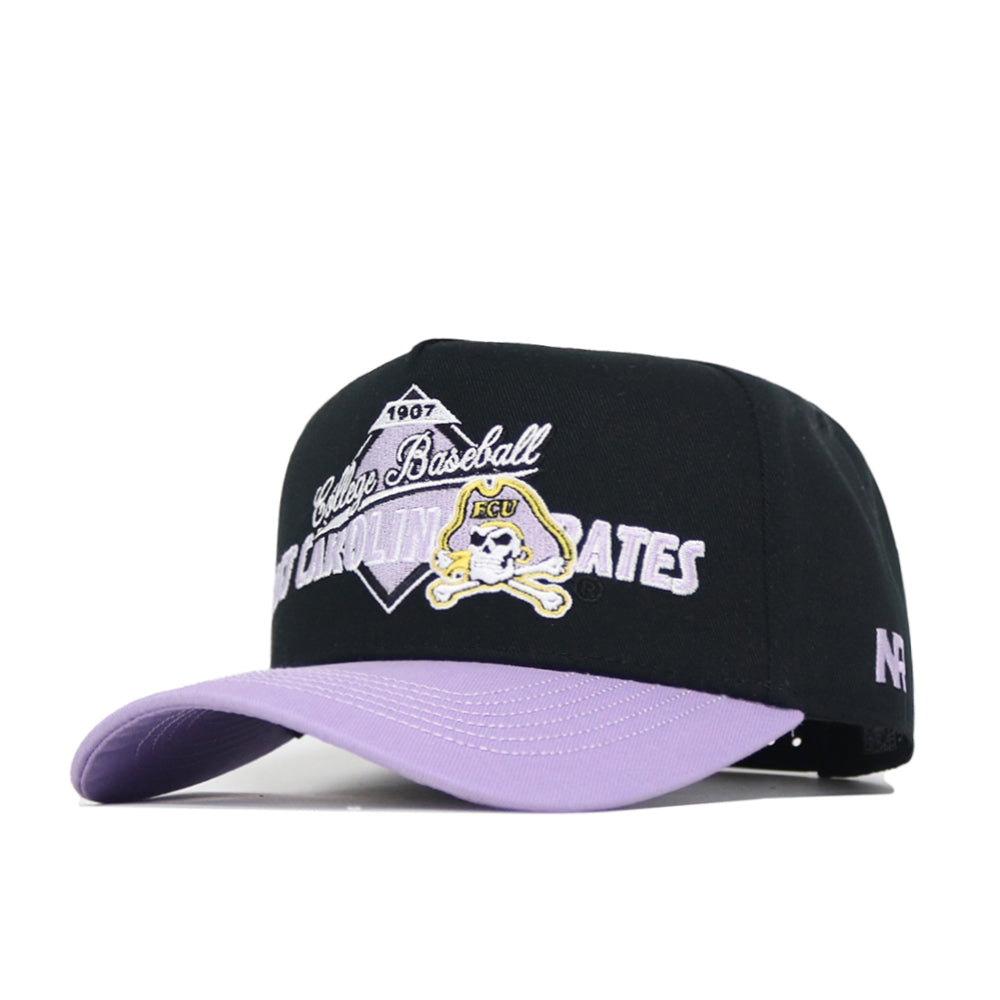 The No Rivals ECU Dugout Collection Hat - Powder Purple is a black cap with a light purple brim, featuring embroidered College Baseball, East Carolina Pirates text, pirate mascot, and diamond logo on the front. Cotton with a structured fit.