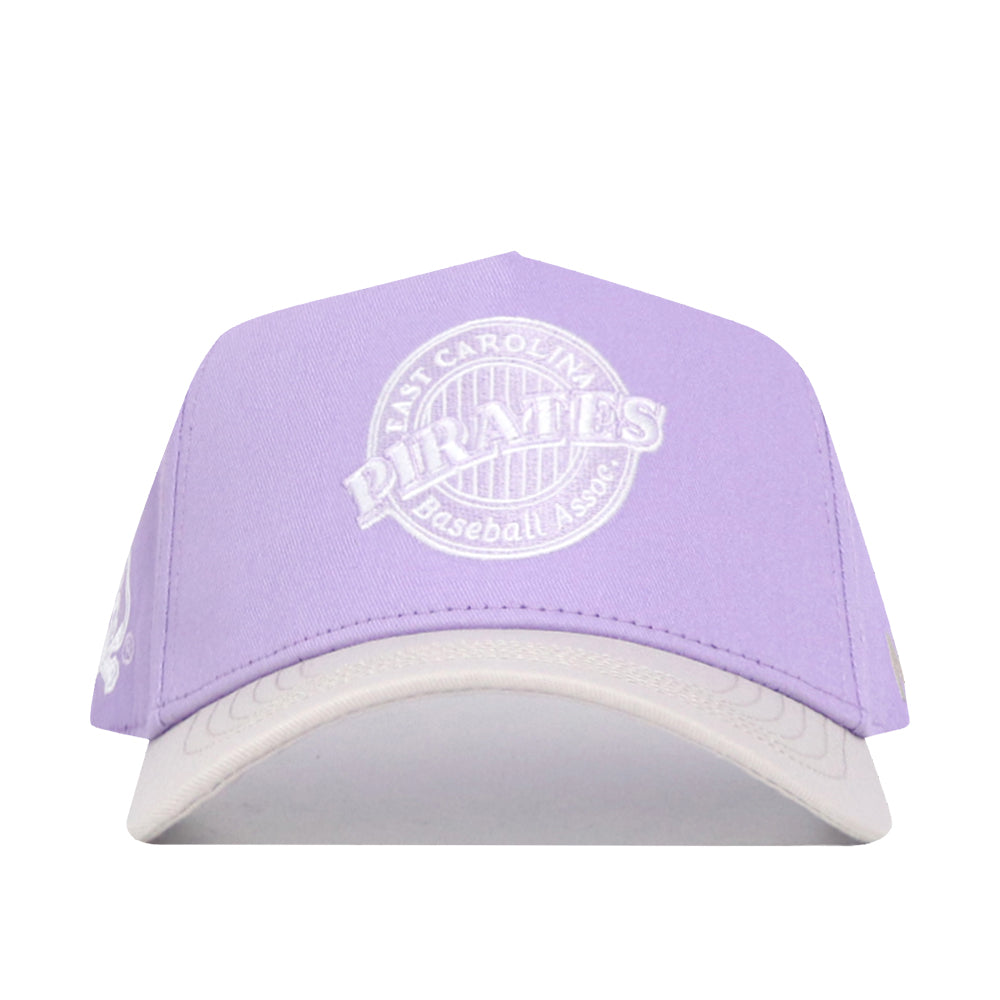 The No Rivals ECU Closer Hat in powder purple features a white brim, high-quality cotton, structured fit, and white embroidered "East Carolina Pirates Baseball Assoc." text and logo on the front.