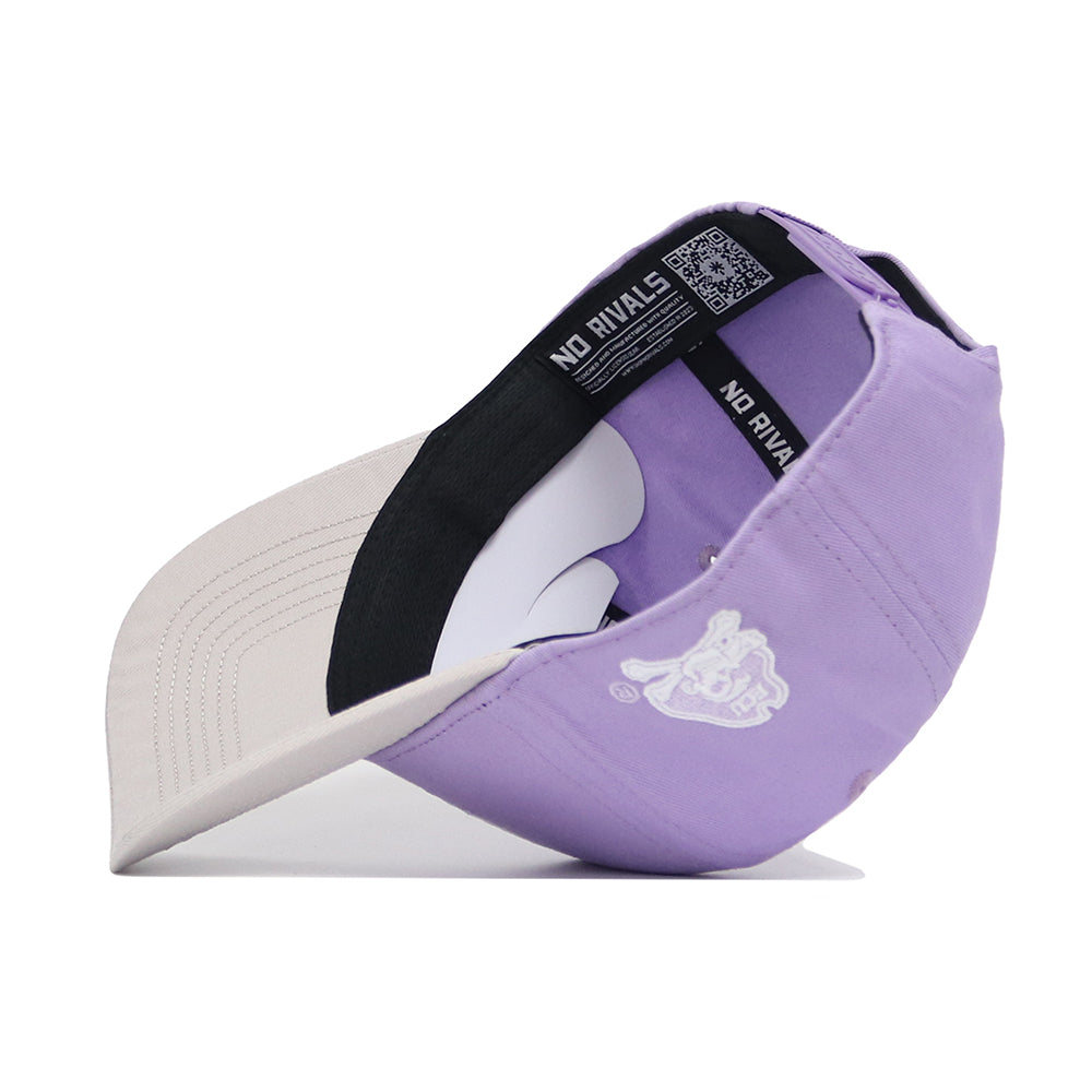 The No Rivals ECU Closer Hat - Powder Purple is a lavender and beige snapback, shown upside down to reveal black trim, "NO RIVALS" text, a white patch, and side embroidery. Enjoy its structured fit in premium cotton.