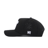 Side view of the No Rivals Tennessee Athletic Hat - White Power T: black nylon with small side perforations, unstructured fit, and "NR" white embroidery near the back.