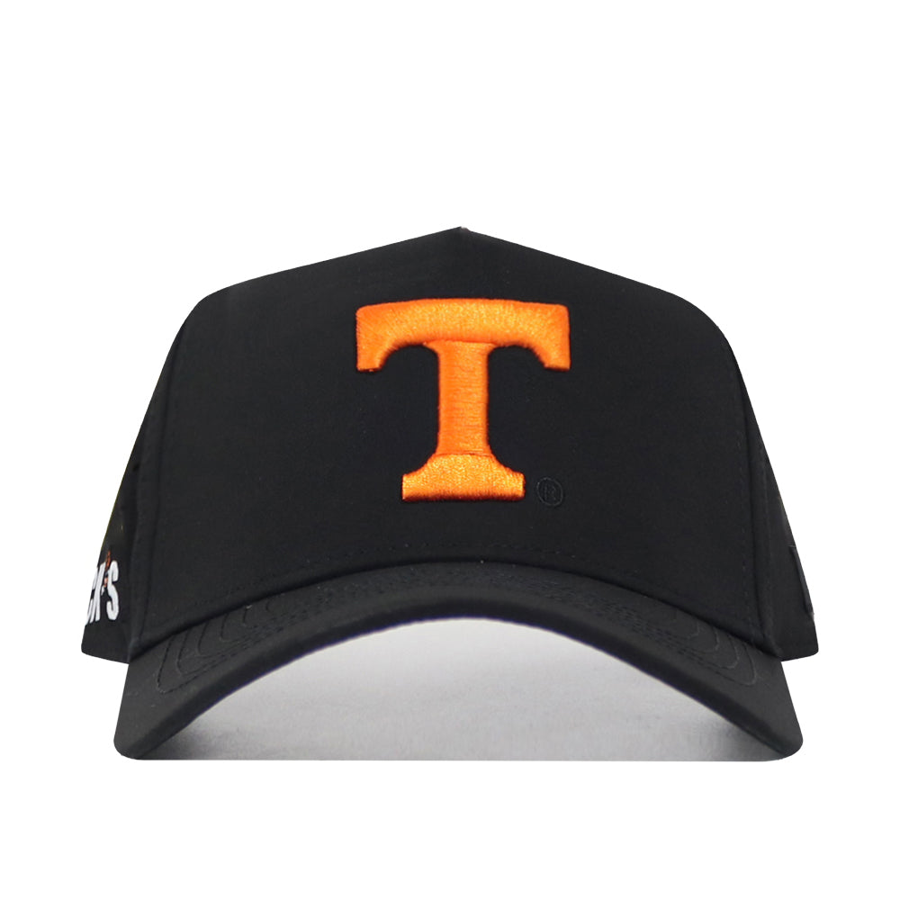 The No Rivals Tennessee Athletic Hat - Orange Power T is a black nylon baseball cap with a bold orange "T" embroidered front and an adjustable snap back for a classic fit.