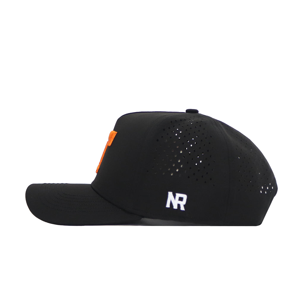 The No Rivals Tennessee Athletic Hat in orange features a Power T logo, breathable perforations, an adjustable snap back, and branding above the strap—all in classic athletic style.