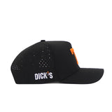 The No Rivals Tennessee Athletic Hat - Orange Power T is a black nylon baseball cap with perforated side panels, an orange T on the front, and “DICK’S” in white on the side. Shown in side view on a white background.