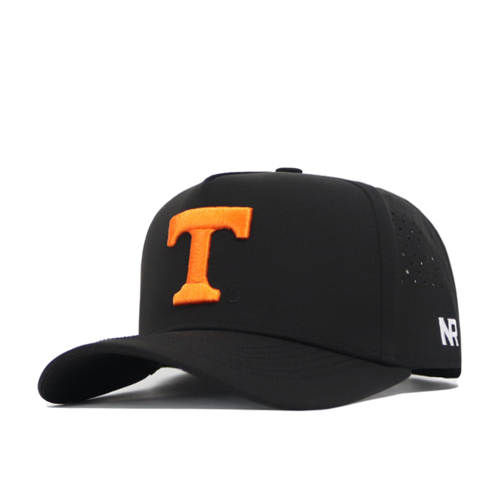 The No Rivals Tennessee Athletic Hat - Orange Power T is a black nylon snapback cap with an orange T on the front, ventilation holes, and NR text on the brim. This officially licensed cap is perfect for fans.