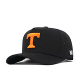 The No Rivals Tennessee Athletic Hat - Orange Power T is a black nylon snapback cap with an orange T on the front, ventilation holes, and NR text on the brim. This officially licensed cap is perfect for fans.