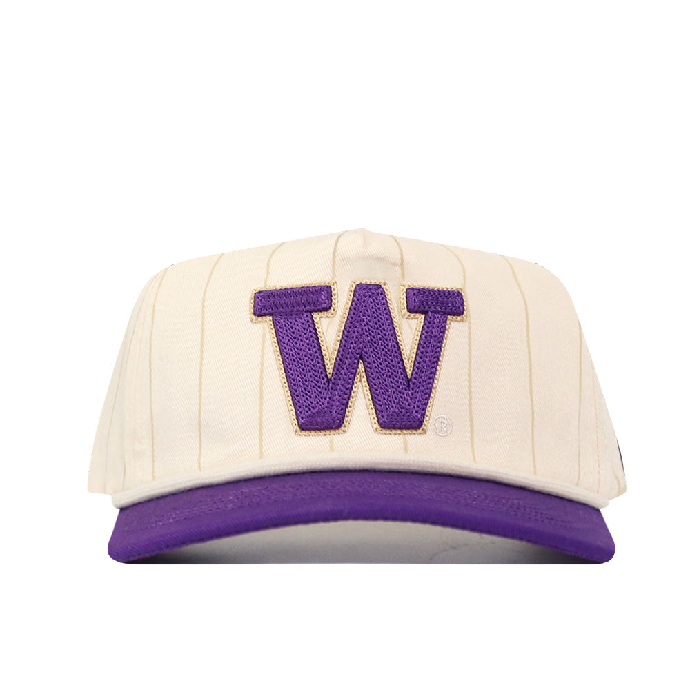 Sure! Here’s a rewritten version using the provided product data: The No Rivals Washington Pinstripe Hat features a cream base with subtle vertical stripes and an oversized, officially licensed purple “W” embroidered on the front. This snapback cap is finished with a bold purple brim.