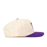 The No Rivals Washington Pinstripe Hat is a cream-colored baseball cap with thin vertical pinstripes and a flat purple brim, featuring an embroidered logo on the front. It is pictured from the side against a white background.