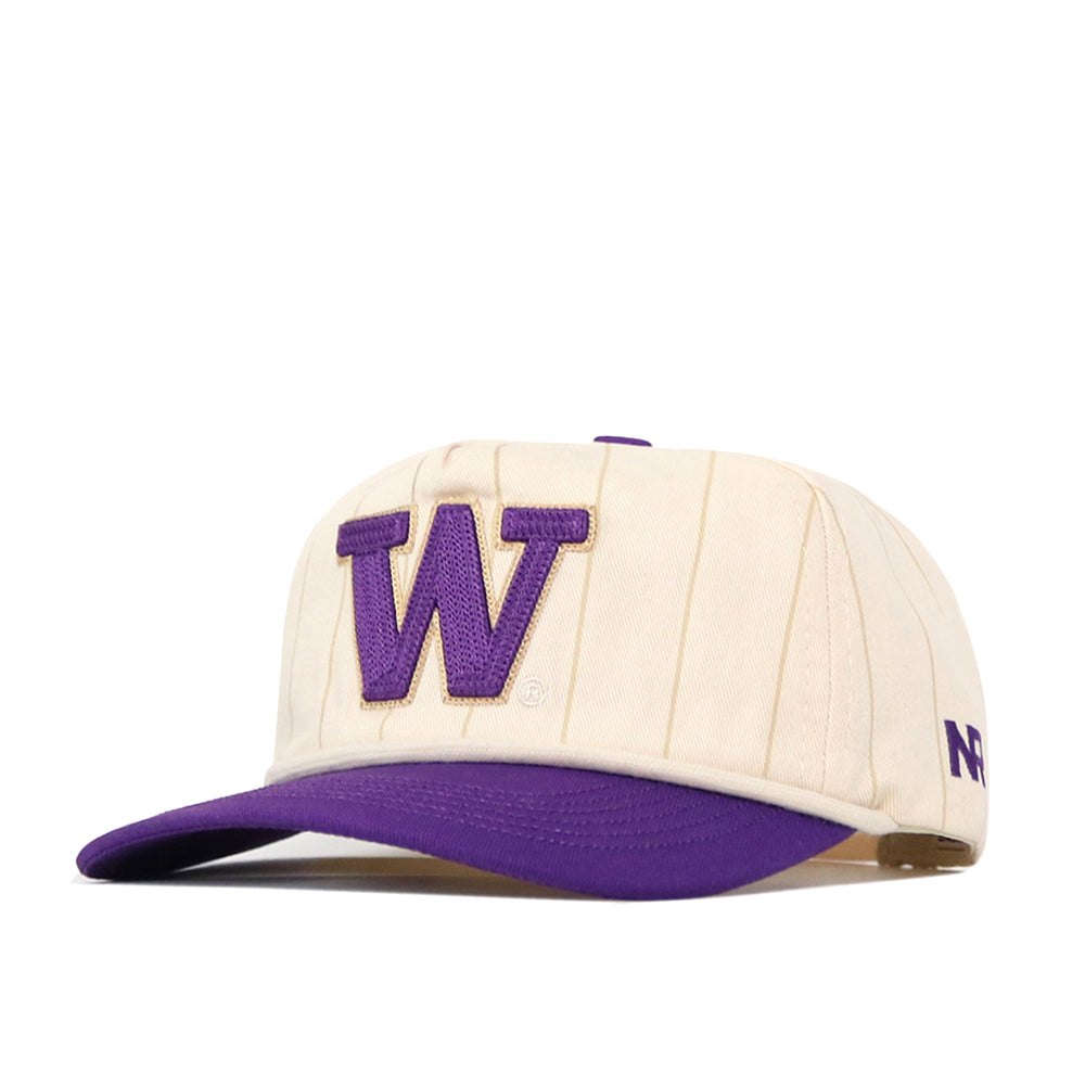 Introducing the Washington Pinstripe Hat by No Rivals—a cream snapback featuring stylish pinstripes, a bold purple W embroidered on the front, and a matching purple brim. The officially licensed cap also displays embroidered NW lettering on the side for an authentic touch.