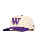 Introducing the Washington Pinstripe Hat by No Rivals—a cream snapback featuring stylish pinstripes, a bold purple W embroidered on the front, and a matching purple brim. The officially licensed cap also displays embroidered NW lettering on the side for an authentic touch.