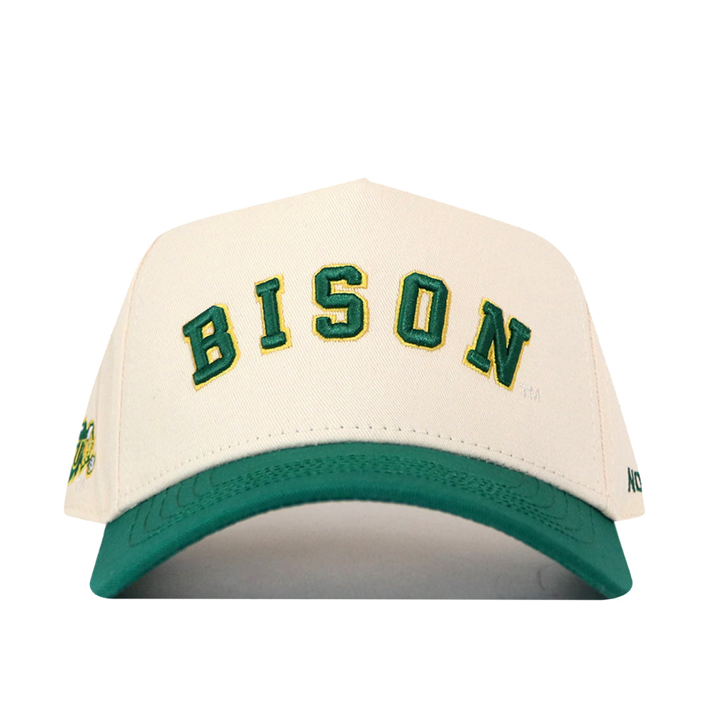 A classic “Right Side Up Bison Hat” by No Rivals, this white and green baseball cap features the word “BISON” embroidered in green and gold letters on the front, along with an officially licensed embroidered logo.