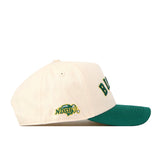 Sure! Here’s a rewritten version of the sentence using your product data: The No Rivals Right Side Up Bison Hat - Classic is an officially licensed snapback featuring a cream crown with a green brim and a yellow and green embroidered NDSU bison logo on the side.