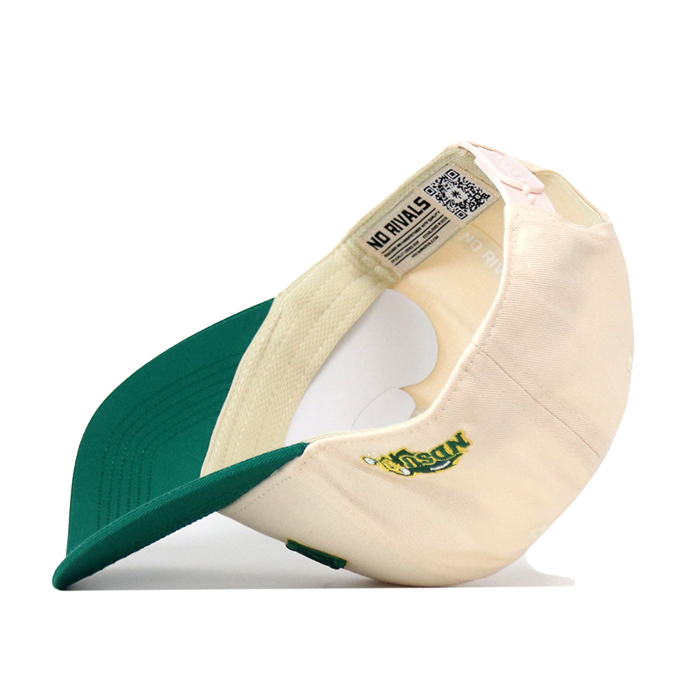 The Right Side Up Bison Hat - Classic by No Rivals is shown inside out, displaying a QR code and the words “NO RIVALS” on the inner band. This cream and green snapback features a green brim, with part of its officially licensed yellow and green embroidered logo visible.