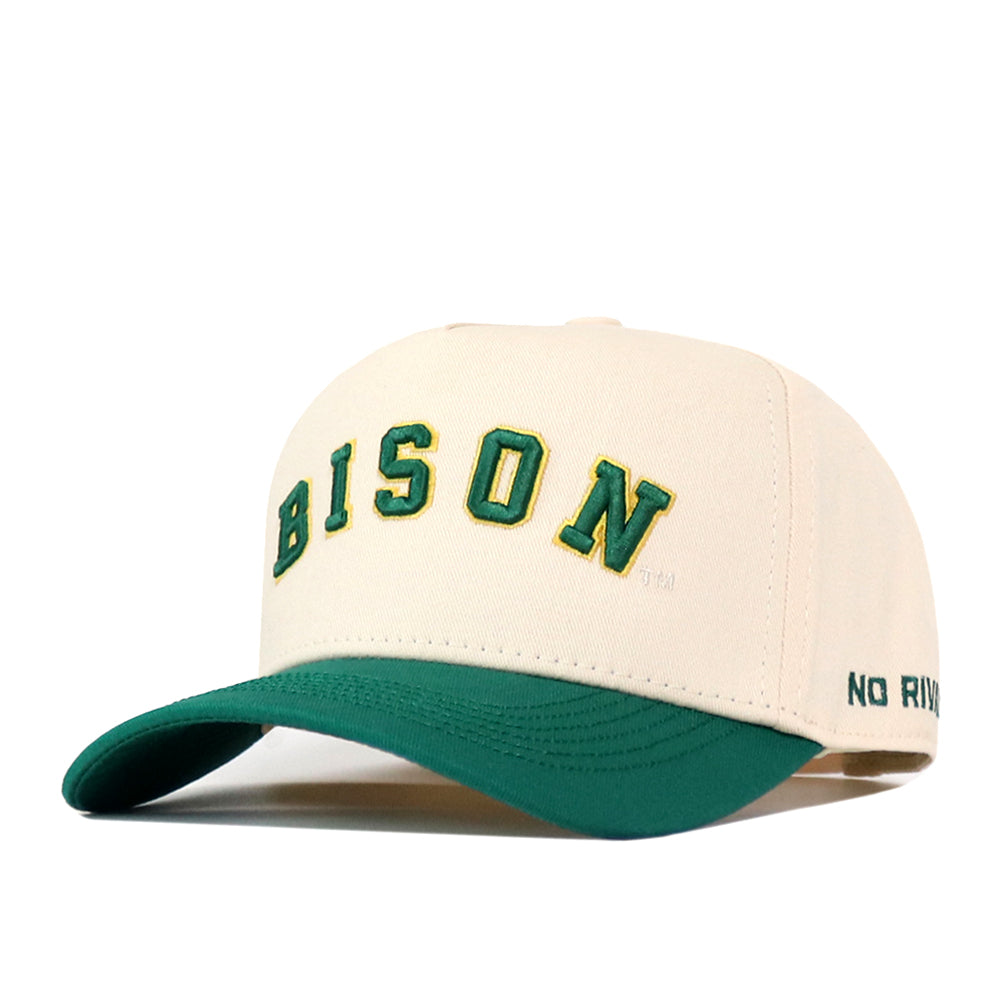 Introducing the Right Side Up Bison Hat – Classic from No Rivals. This snap back hat features a cream-colored crown with “BISON” embroidered in green and yellow letters on the front, complemented by a green curved brim. For added detail, the phrase “NO RIV” is stitched in green on the side.