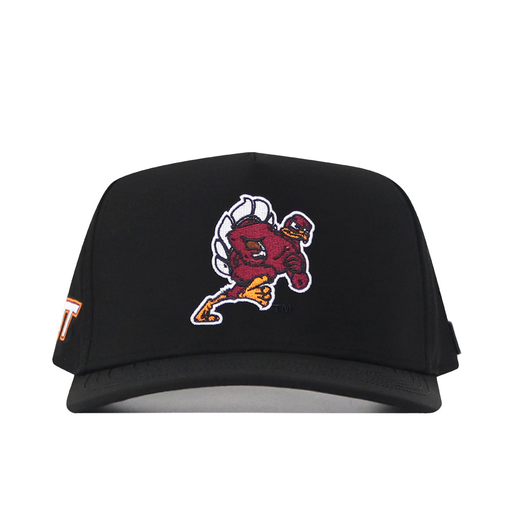Virginia Tech Hokies Football Mascot Hat - Black, a performance fabric cap with an embroidered maroon turkey mascot on the front and an orange VT logo on the side.