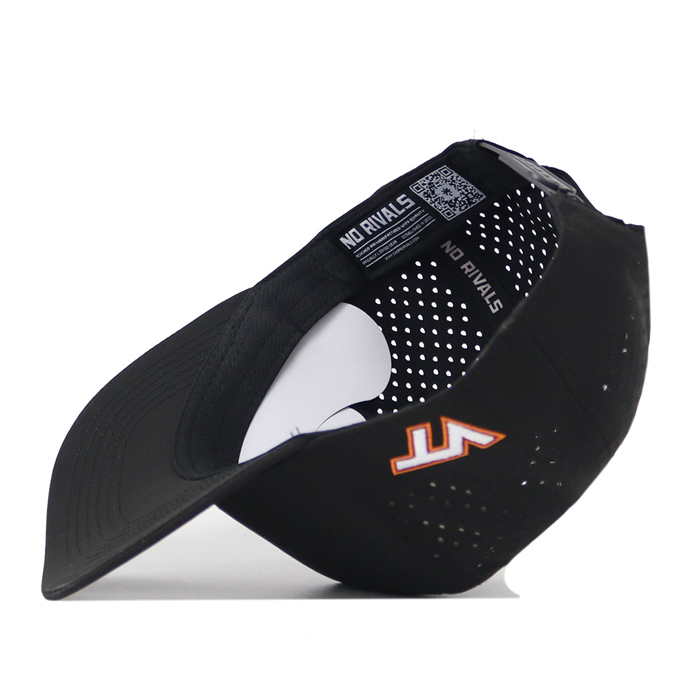 Black Virginia Tech Hokies Football Mascot Hat with perforations and an embroidered orange and white logo on the side, viewed from an angle showing the interior branding.