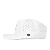 White Virginia Tech Hokies Football Mascot Hat - White performance fabric baseball cap with a perforated back panel, a snap back closure, and an embroidered NR logo on the side.