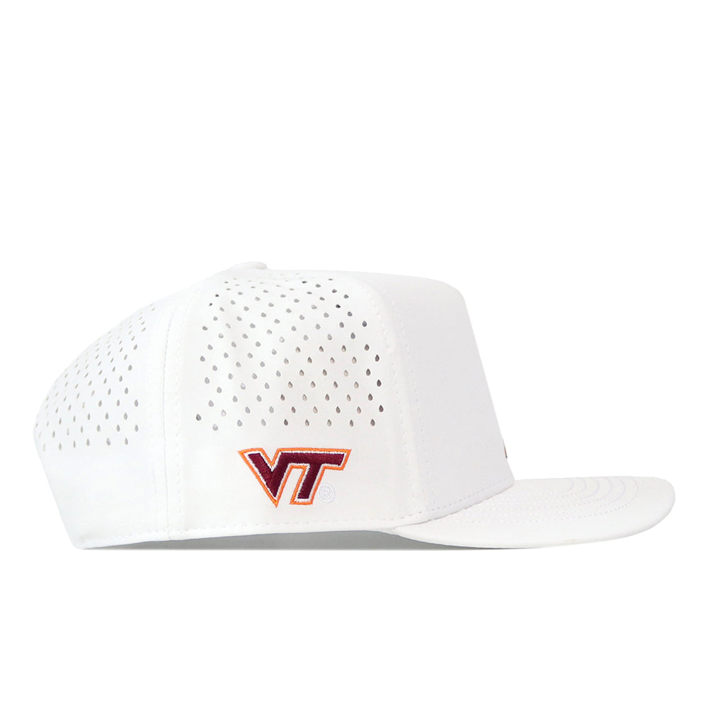 Virginia Tech Hokies Football Mascot Hat - White: a performance fabric baseball cap with a perforated back and an embroidered maroon and orange VT logo on the side.