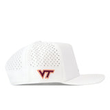 Virginia Tech Hokies Football Mascot Hat - White: a performance fabric baseball cap with a perforated back and an embroidered maroon and orange VT logo on the side.