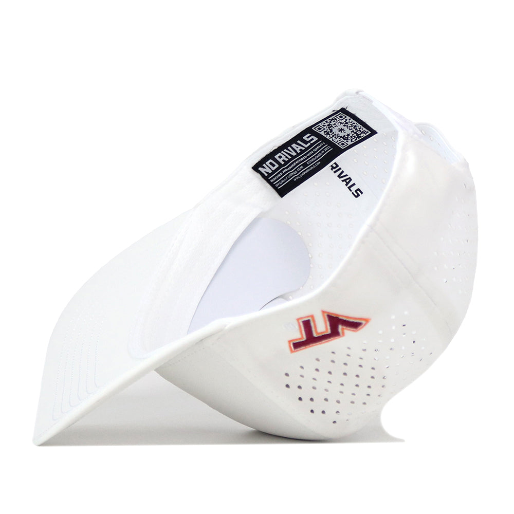 White performance fabric Virginia Tech Hokies Football Mascot Hat - White featuring a small embroidered Virginia Tech logo on the side and a branded No Rivals tag on the interior.