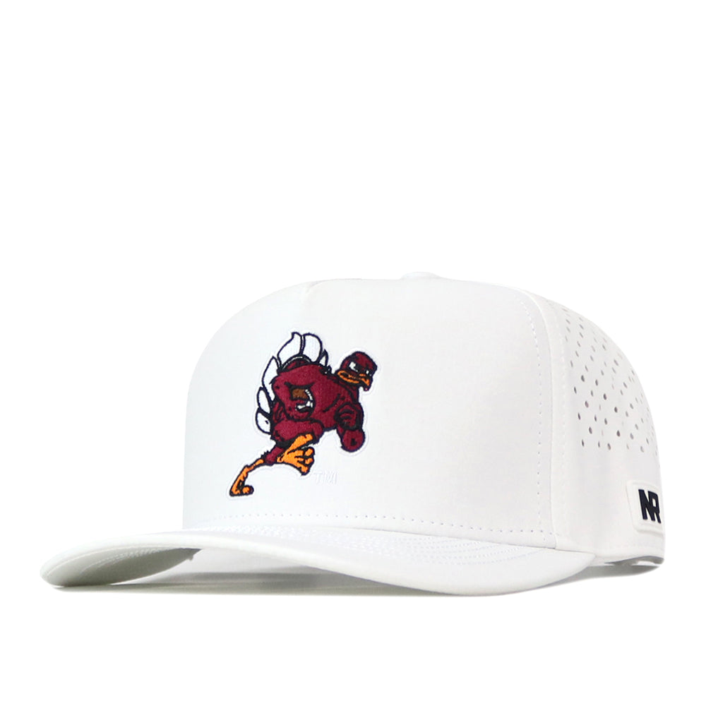 White performance fabric Virginia Tech Hokies Football Mascot Hat - White with an embroidered maroon mascot logo on the front.
