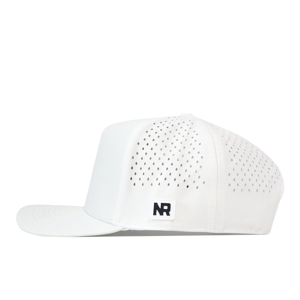 Side profile of a white Colorado Football Hat with perforated side panels and an embroidered NR logo patch.