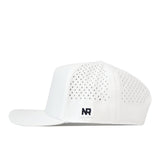 Side profile of a white Colorado Football Hat with perforated side panels and an embroidered NR logo patch.
