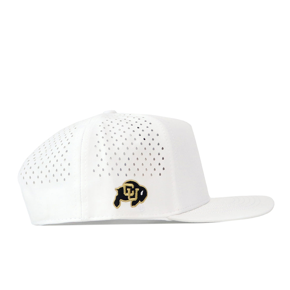 No Rivals Colorado Football Hat - White baseball cap with perforated panels, an embroidered black and gold buffalo team logo on the side, and an adjustable snap back.