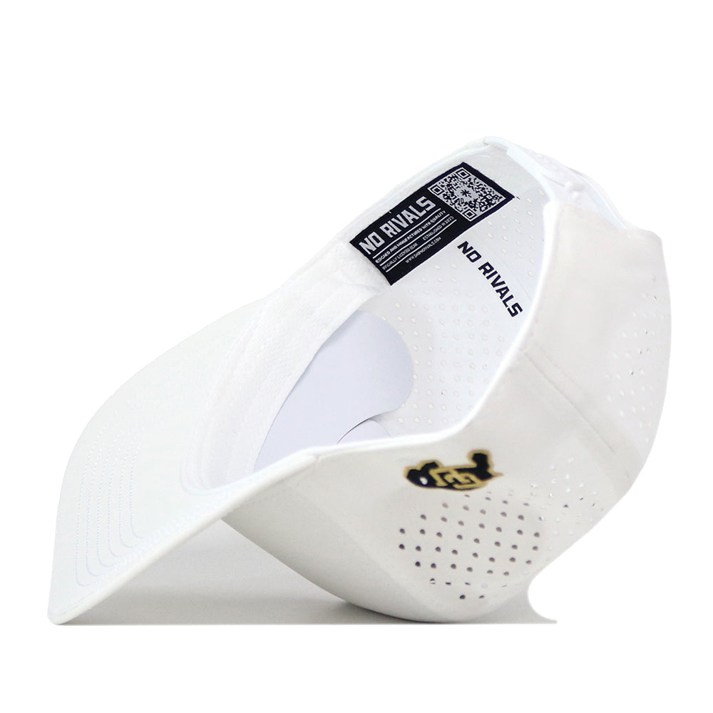White Colorado Football Hat - White snapback showing the interior labels and a small gold and black embroidered logo on the side.
