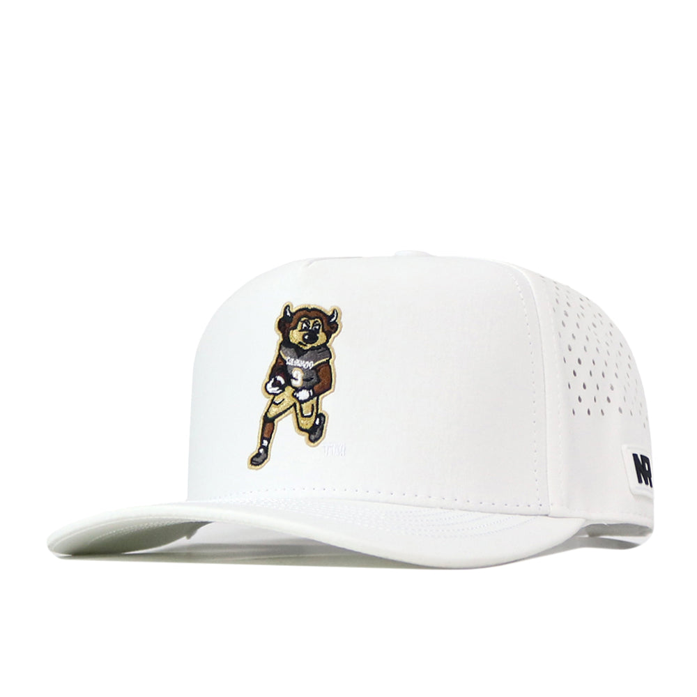 White Colorado Football Hat - White snapback featuring an embroidered cartoon buffalo mascot running with a football.