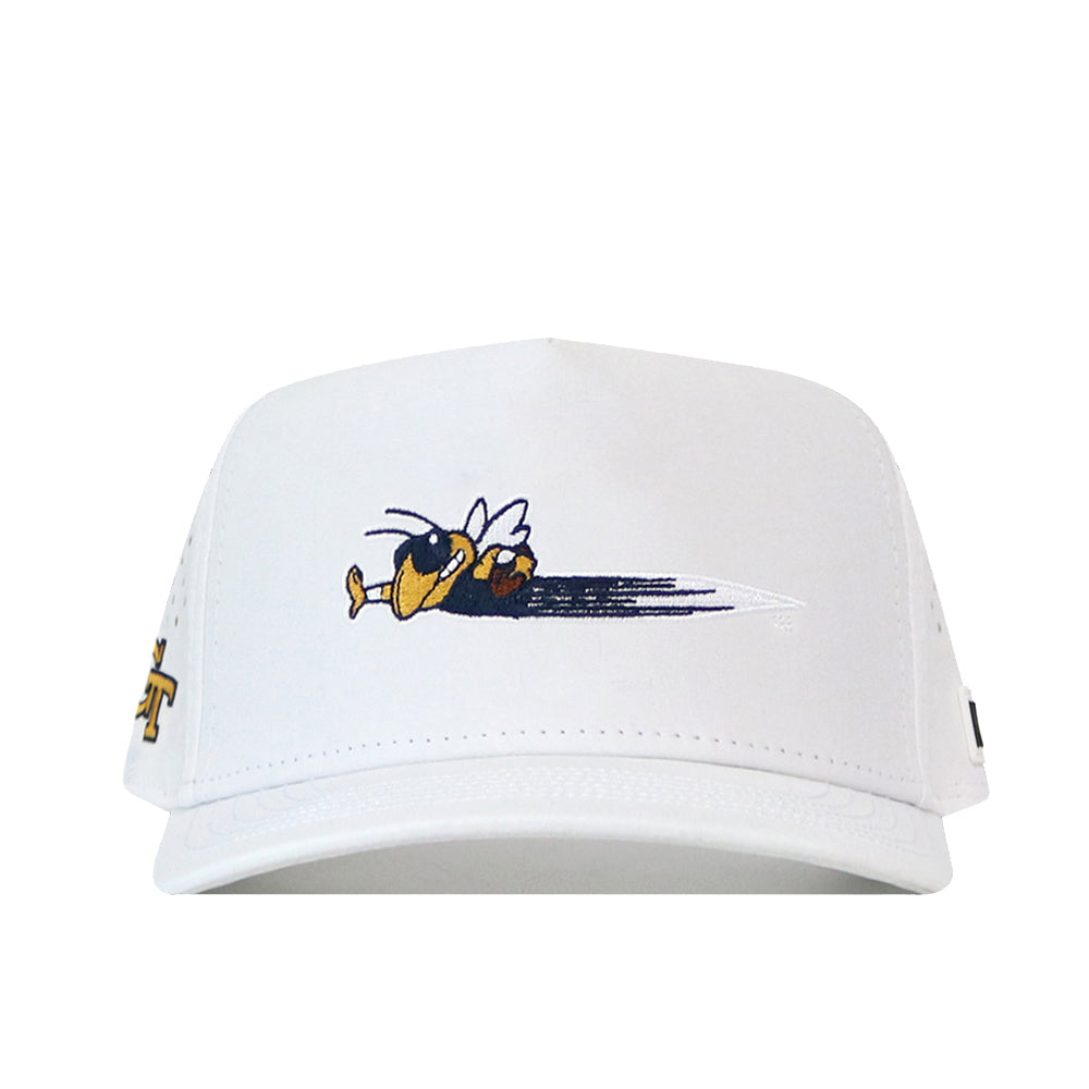 White performance fabric Georgia Tech Yellow Jackets Football Mascot Hat - White featuring an embroidered yellow jacket bee mascot on the front and a yellow logo on the side.
