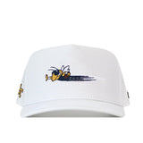 White performance fabric Georgia Tech Yellow Jackets Football Mascot Hat - White featuring an embroidered yellow jacket bee mascot on the front and a yellow logo on the side.