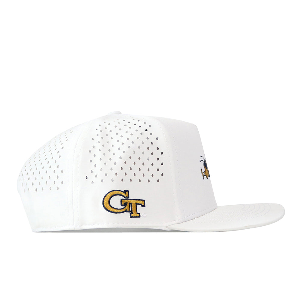 White Georgia Tech Yellow Jackets Football Mascot Hat with a perforated back, featuring an embroidered gold and navy GT logo on the side and a mascot graphic on the front.
