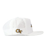 White Georgia Tech Yellow Jackets Football Mascot Hat with a perforated back, featuring an embroidered gold and navy GT logo on the side and a mascot graphic on the front.