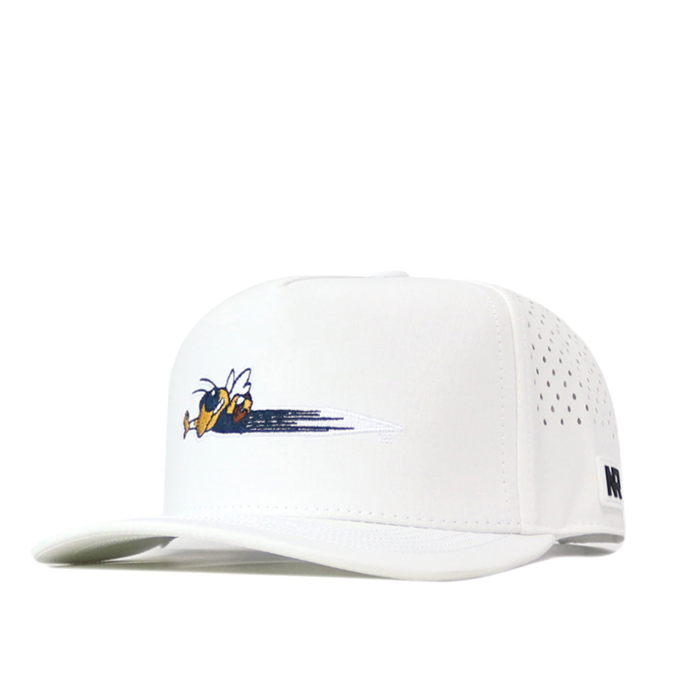 Georgia Tech Yellow Jackets Football Mascot Hat - White snapback baseball cap with an embroidered yellow jacket mascot and perforated performance fabric side panels.