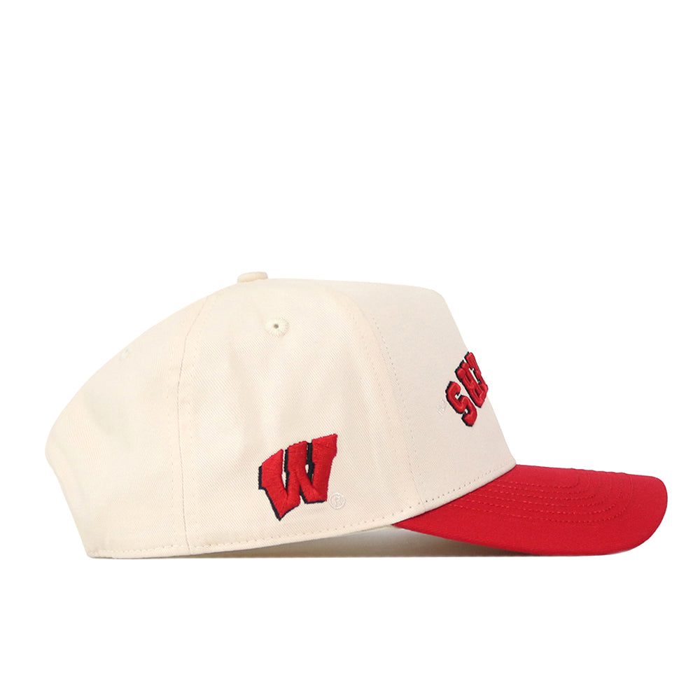 Introducing the Wisconsin Badgers Upside Down Badgers Hat – Classic by No Rivals: This hat features a cream base with a striking red brim, a bold red W logo on the side, and partially red text on the front. Its classic snapback design perfectly blends sporty style with unmistakable team spirit.