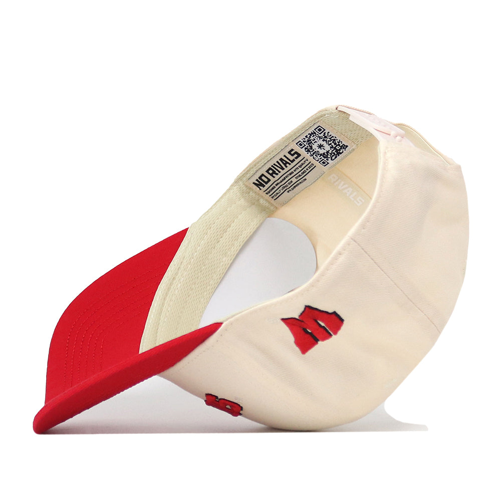 The Wisconsin Badgers Upside Down Badgers Hat - Classic by No Rivals is shown flipped upside down, revealing an inner QR code label and the text NO RIVALS. This snapback features red embroidered letters on the side and a bold red brim.